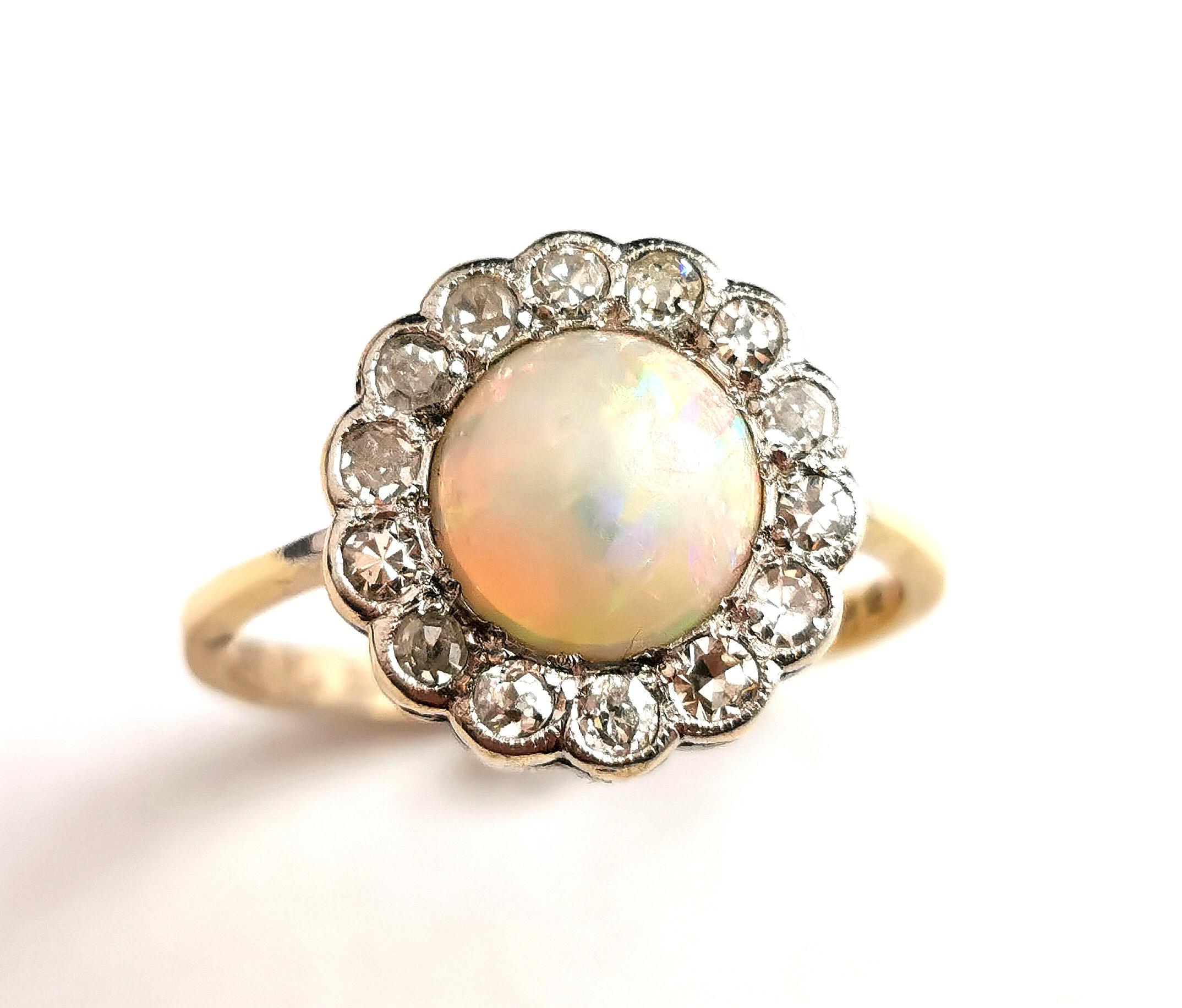 Vintage Art Deco Opal and Diamond cluster ring, 18k gold and Platinum  6