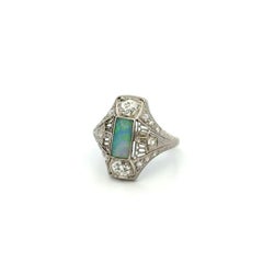 Vintage Art Deco Opal and OEC Diamond Platinum Cocktail Ring