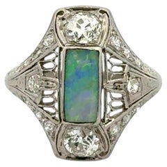 Vintage Art Deco Opal and OEC Diamond Platinum Cocktail Ring