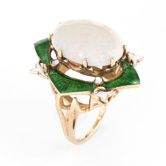 Vintage Art Deco Opal Enamel Ring Fleur de Lis Cocktail 14k Yellow Gold Estate