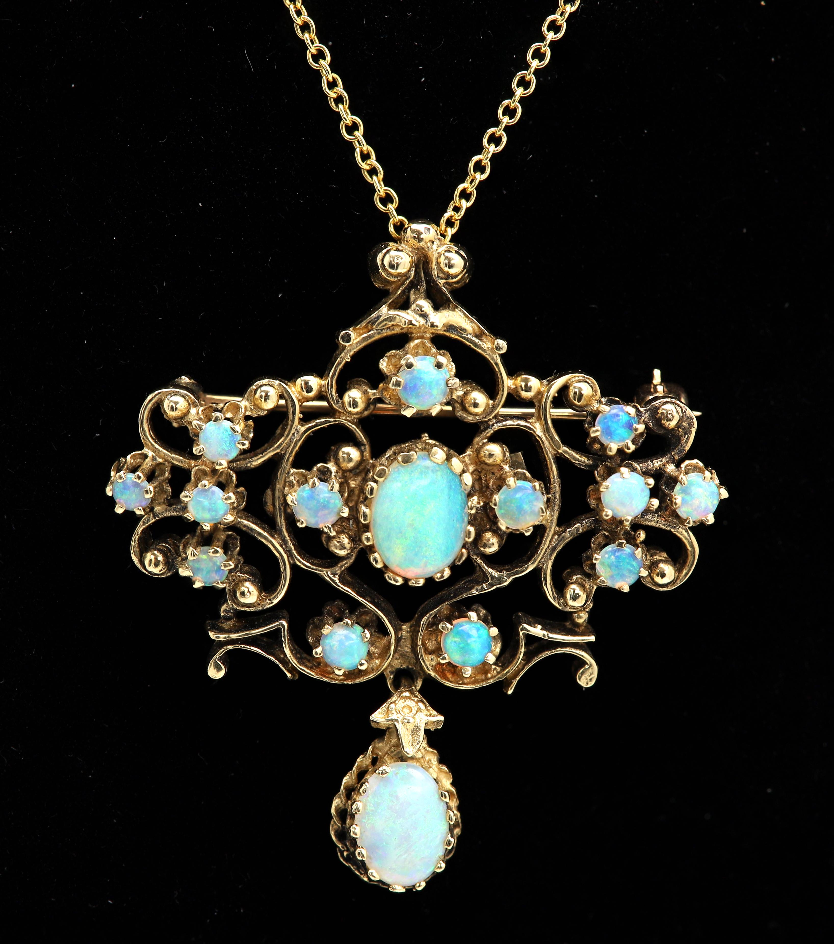 Vintage Art Deco Opal Necklace 14 Karat Gold Brooch pin necklace 1940.'s For Sale 9