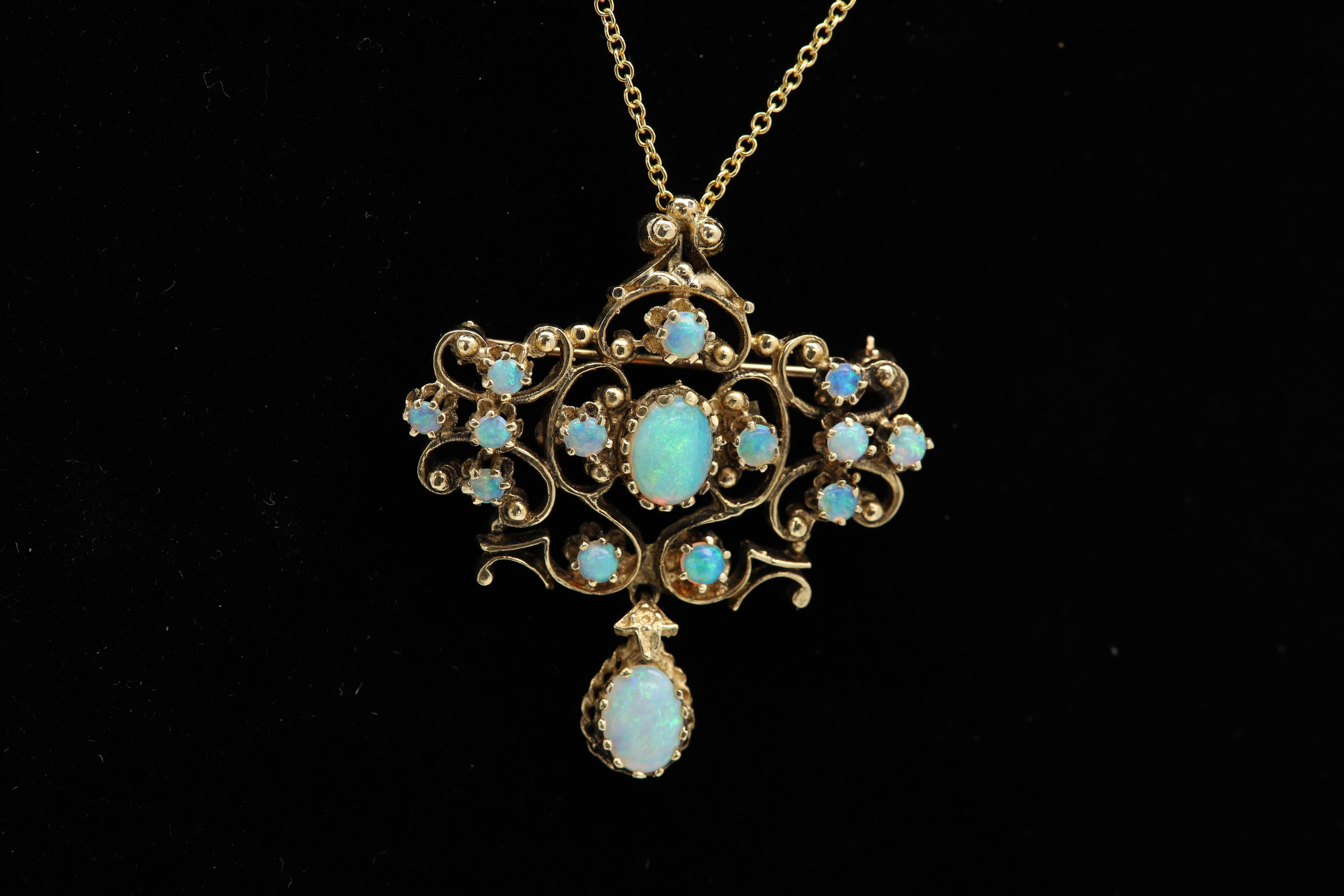 Oval Cut Vintage Art Deco Opal Necklace 14 Karat Gold Brooch pin necklace 1940.'s For Sale