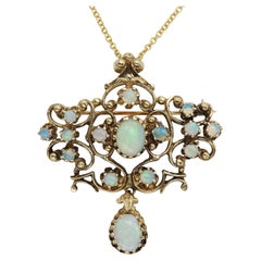 Collier collier broche art déco vintage en or 14 carats avec opale, années 1940