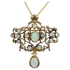 Vintage Art Deco Opal Necklace 14K Gold Brooch Pin Necklace Circa 1940's