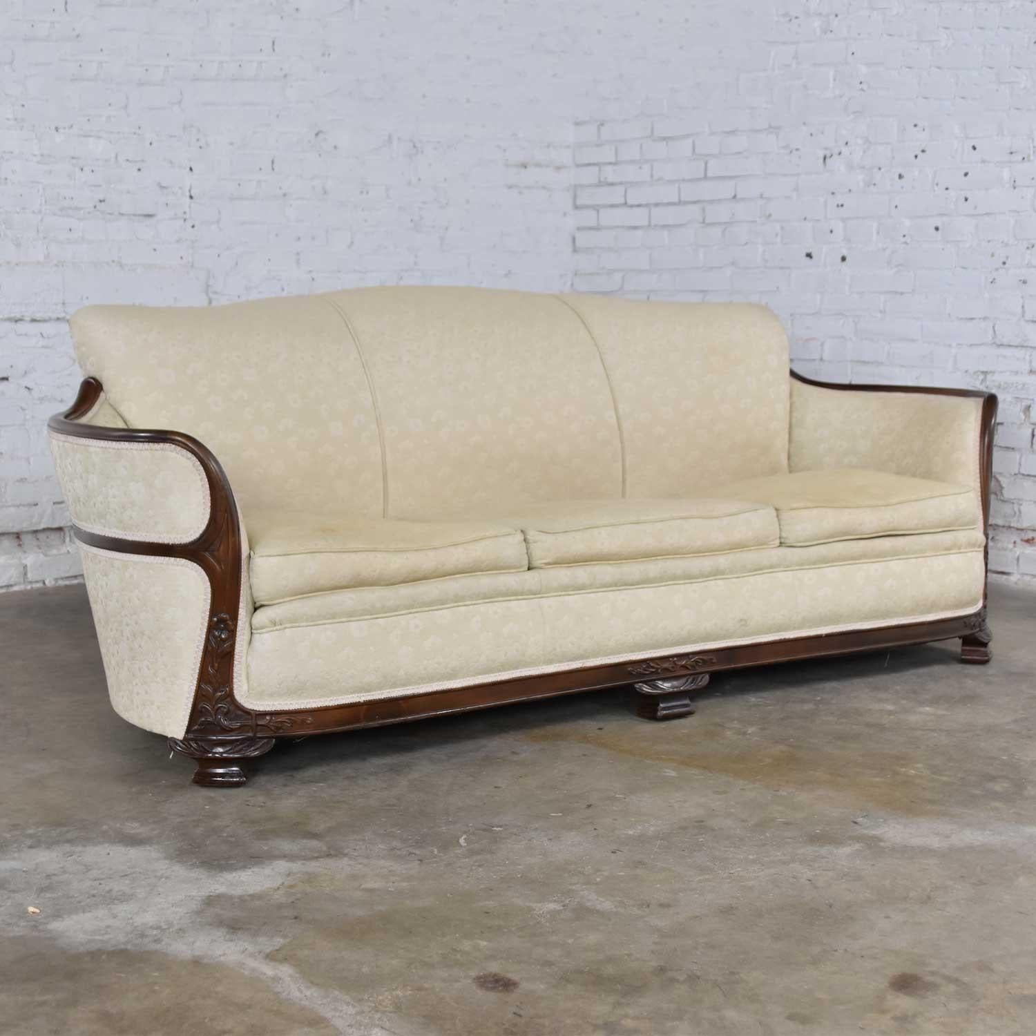 Vintage Art Deco or Art Nouveau Sofa with Walnut Frame & Trim from Vargas Furn. In Good Condition In Topeka, KS