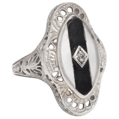 Vintage Art Deco Ostby Barton Diamond Onyx Rock Crystal Filigree Ring 14k Gold