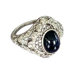 Vintage Art Deco Oval Cabochon Natural Blue Sapphire and Diamond Platinum Ring