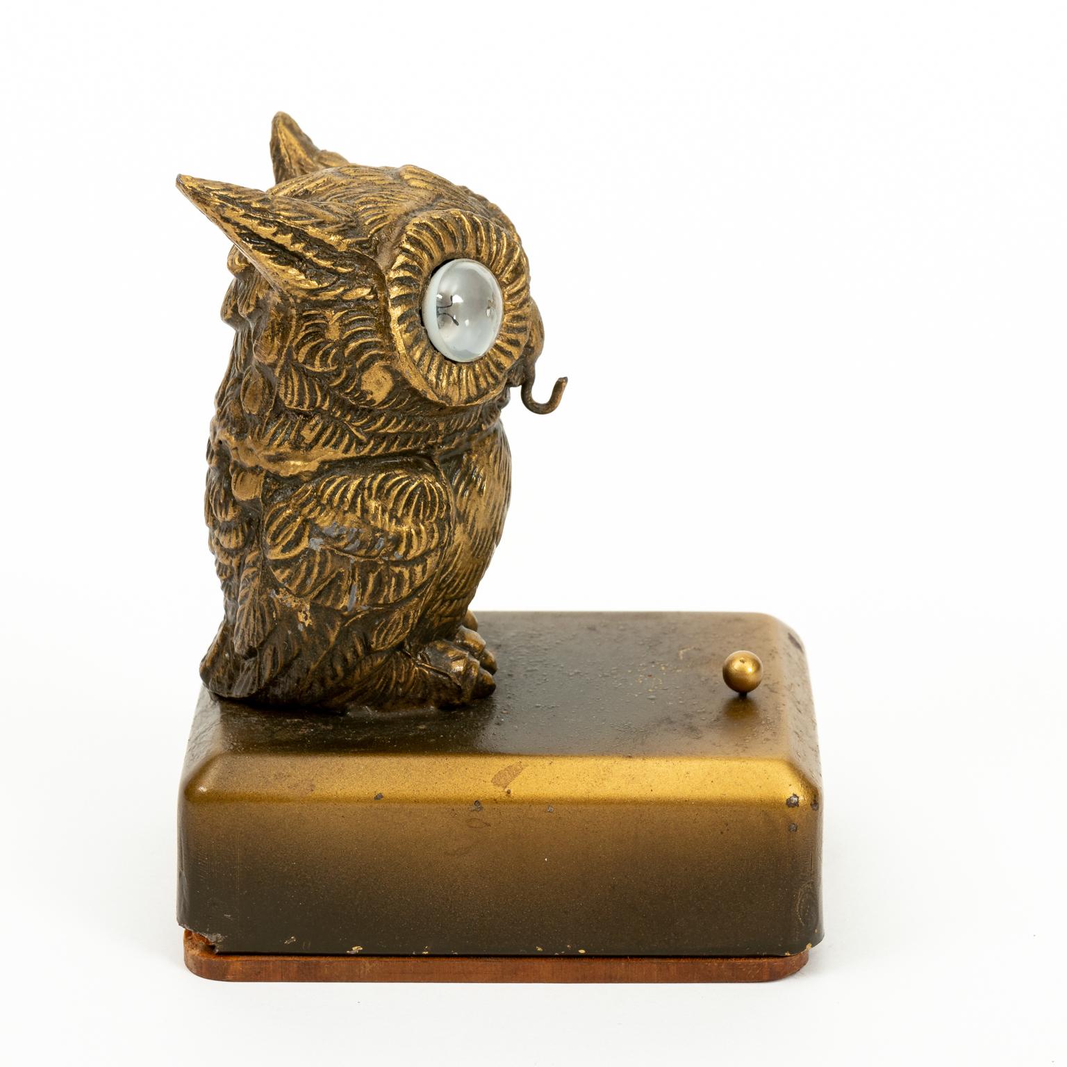 Circa 1930s metal Art Deco style owl shaped pocket watch holder or stand that is also a night light. Made in England. Please note of wear consistent with age. The piece has also been converted from an old English battery to simple 9V.