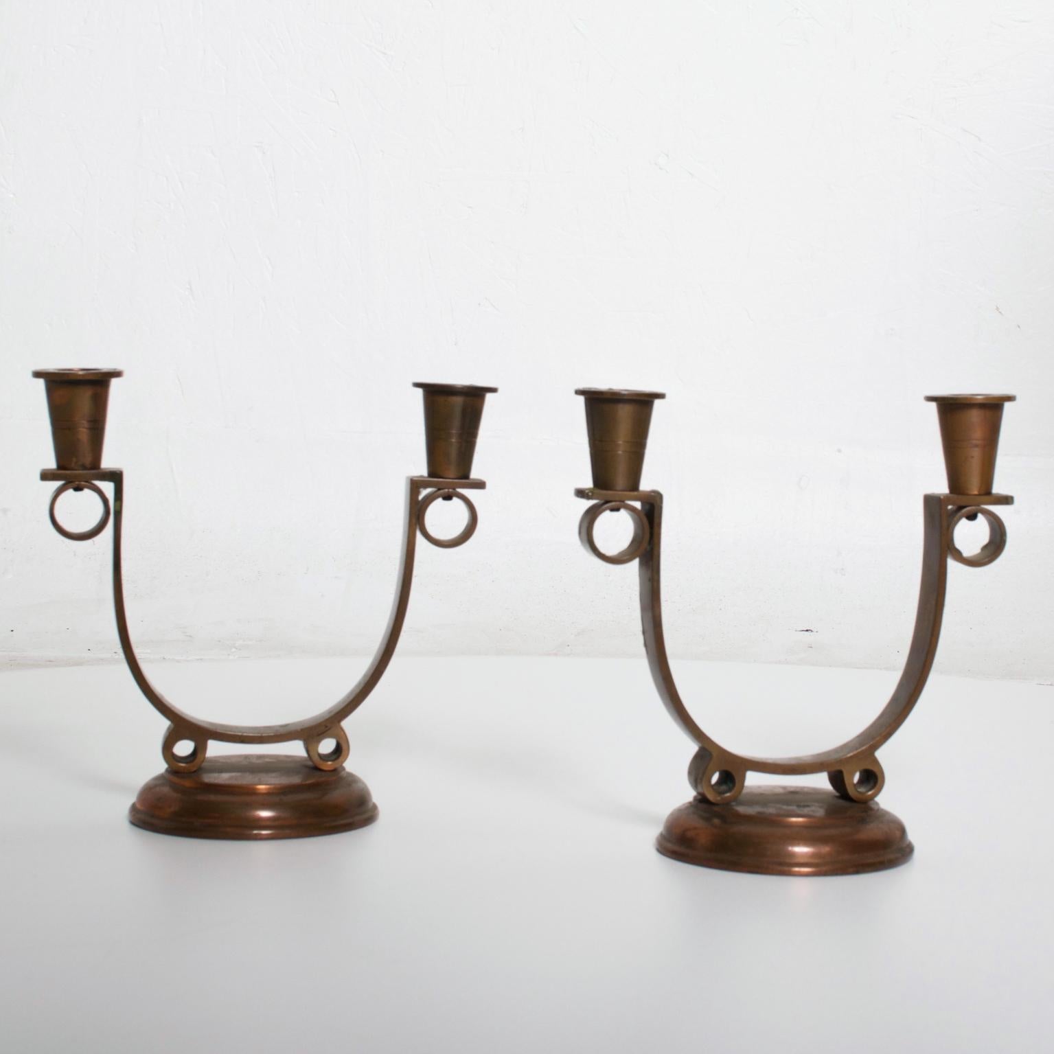 Modern Vintage Art Deco Pair Copper Candleholders