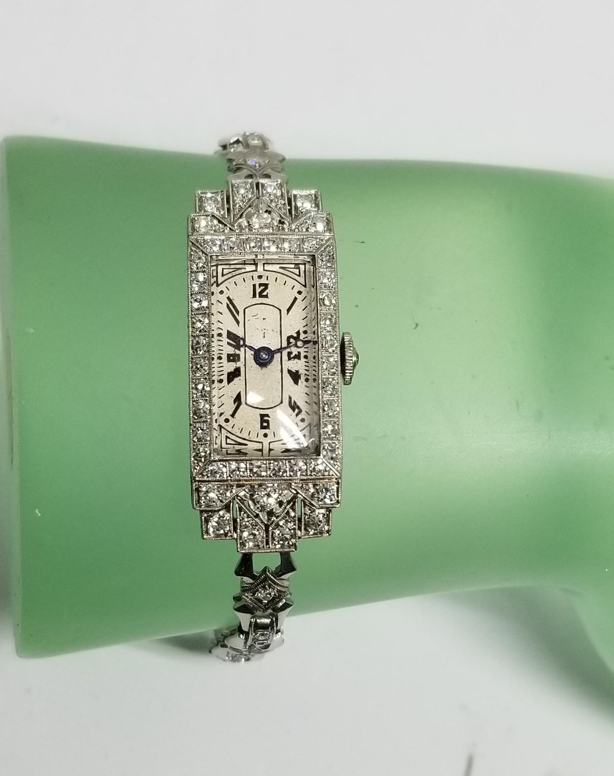 Round Cut Vintage Art Deco Palladium Diamond Watch