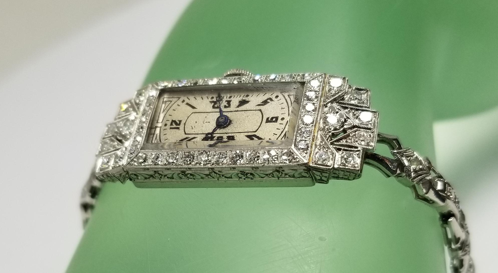Vintage Art Deco Palladium Diamond Watch In Excellent Condition In Los Angeles, CA
