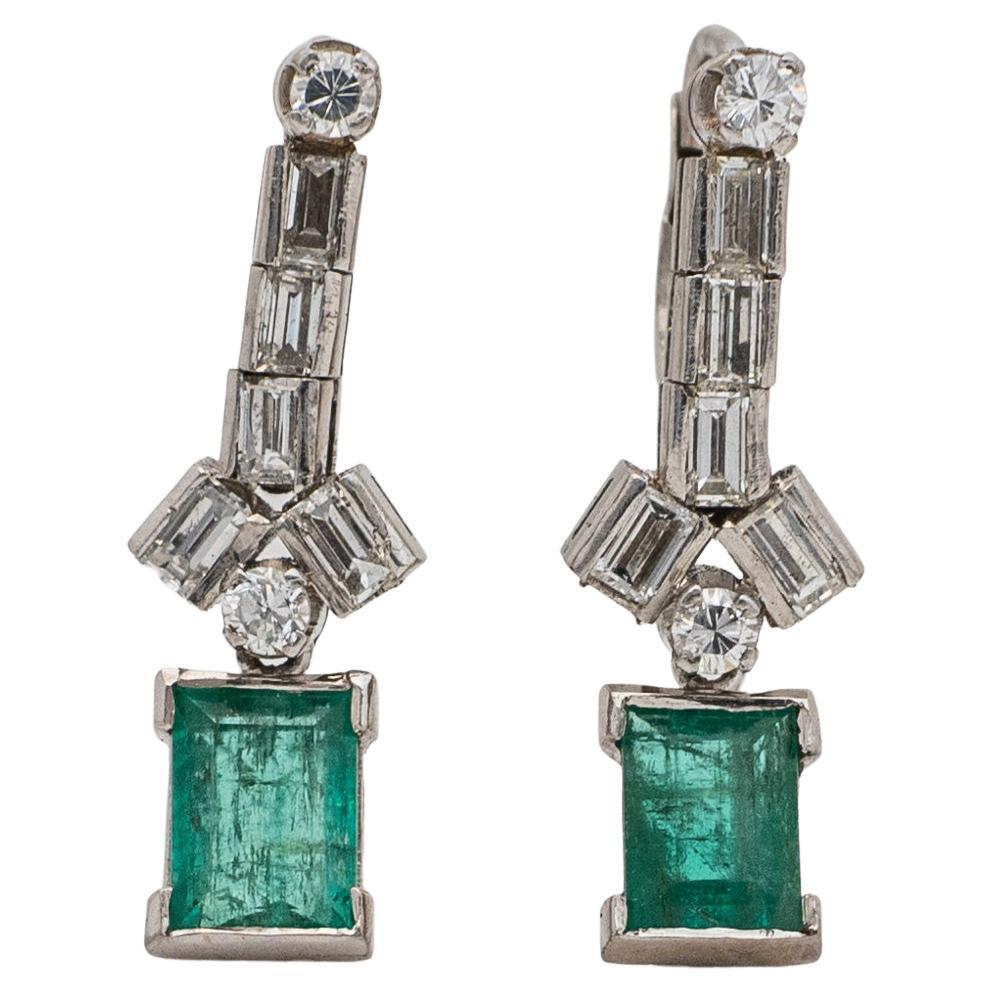 Vintage Art Deco Palladium Emerald and Diamond Earrings