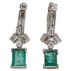 Vintage Art Deco Palladium Emerald and Diamond Earrings