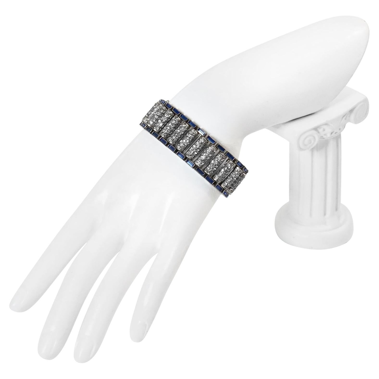 Pulsera de eslabones Art Decó vintage con pavé y baguette azul circa años 40