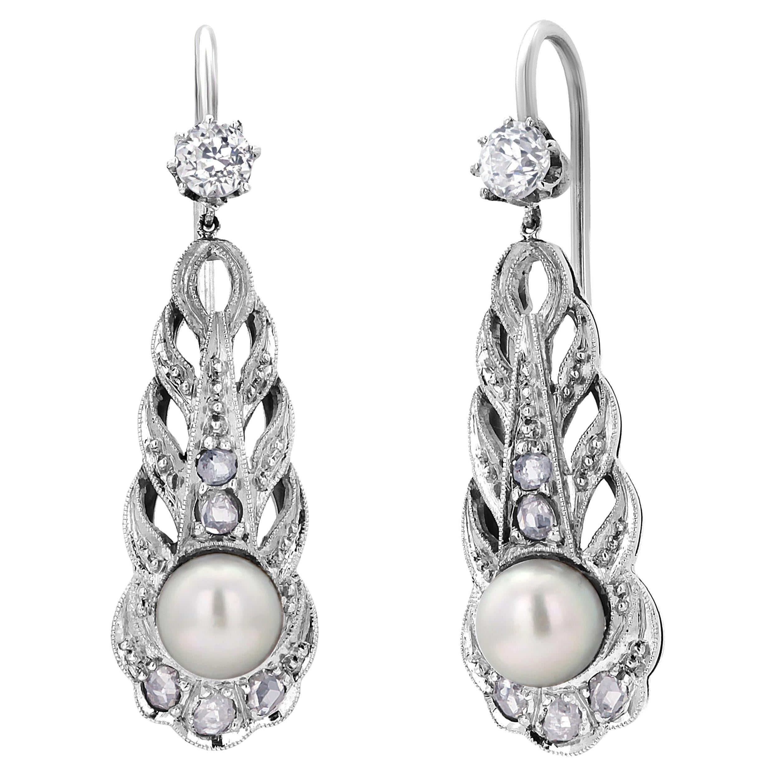 Art Deco Vintage Pearl and Diamond 0.60 Carat White Gold 1.20 Inch Hoop Earrings For Sale