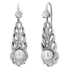 Art Deco Antique Pearl and Diamond 0.60 Carat White Gold 1.20 Inch Hoop Earrings
