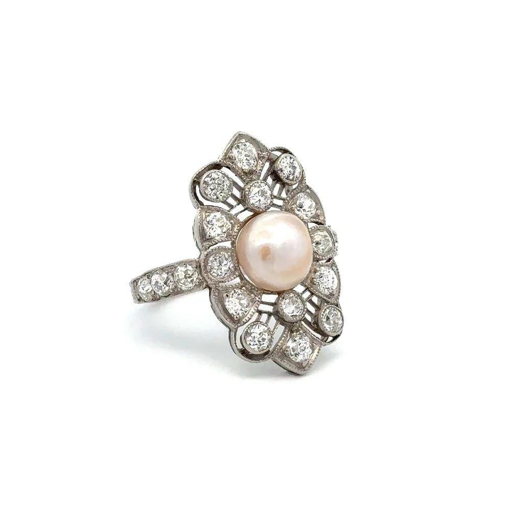 Simply Beautiful! Finely detailed White Pearl and Diamond Angular Navette Filigree Platinum Cocktail Ring. Centering a securely nestled Hand set 7.6mm Flat White Pearl surrounded by approx. 2.00tcw Round Brilliant Cut Diamonds. In excellent