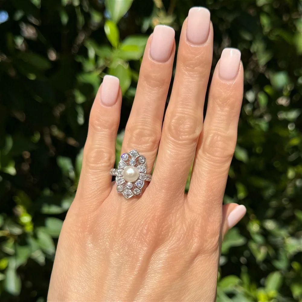 Brilliant Cut Vintage Art Deco Pearl and OEC Diamond Angular Navette Platinum Cocktail Ring For Sale