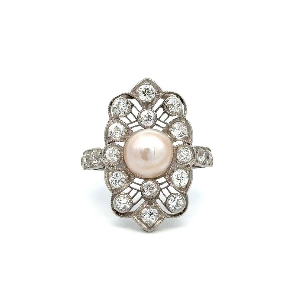 Vintage Art Deco Pearl and OEC Diamond Angular Navette Platinum Cocktail Ring In Excellent Condition For Sale In Montreal, QC