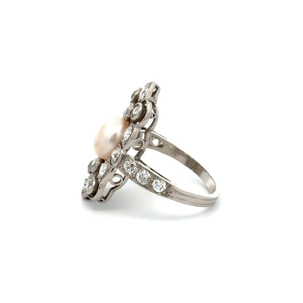Vintage Art Deco Pearl and OEC Diamond Angular Navette Platinum Cocktail Ring For Sale 1