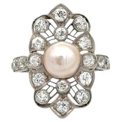 Retro Art Deco Pearl and OEC Diamond Angular Navette Platinum Cocktail Ring