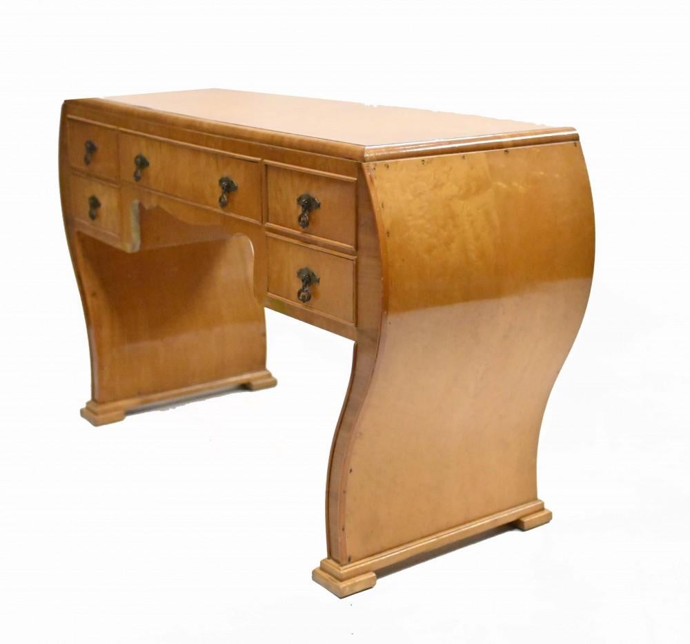 Satinwood Vintage Art Deco Pedestal Desk Satin Birch 1930 For Sale