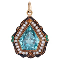 Antique Art Deco Pendant Blue Zircon Pearl Enamel 14k Yellow Gold Fine Jewelry