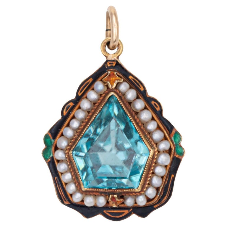 Vintage Art Deco Pendant Blue Zircon Pearl Enamel 14k Yellow Gold Fine