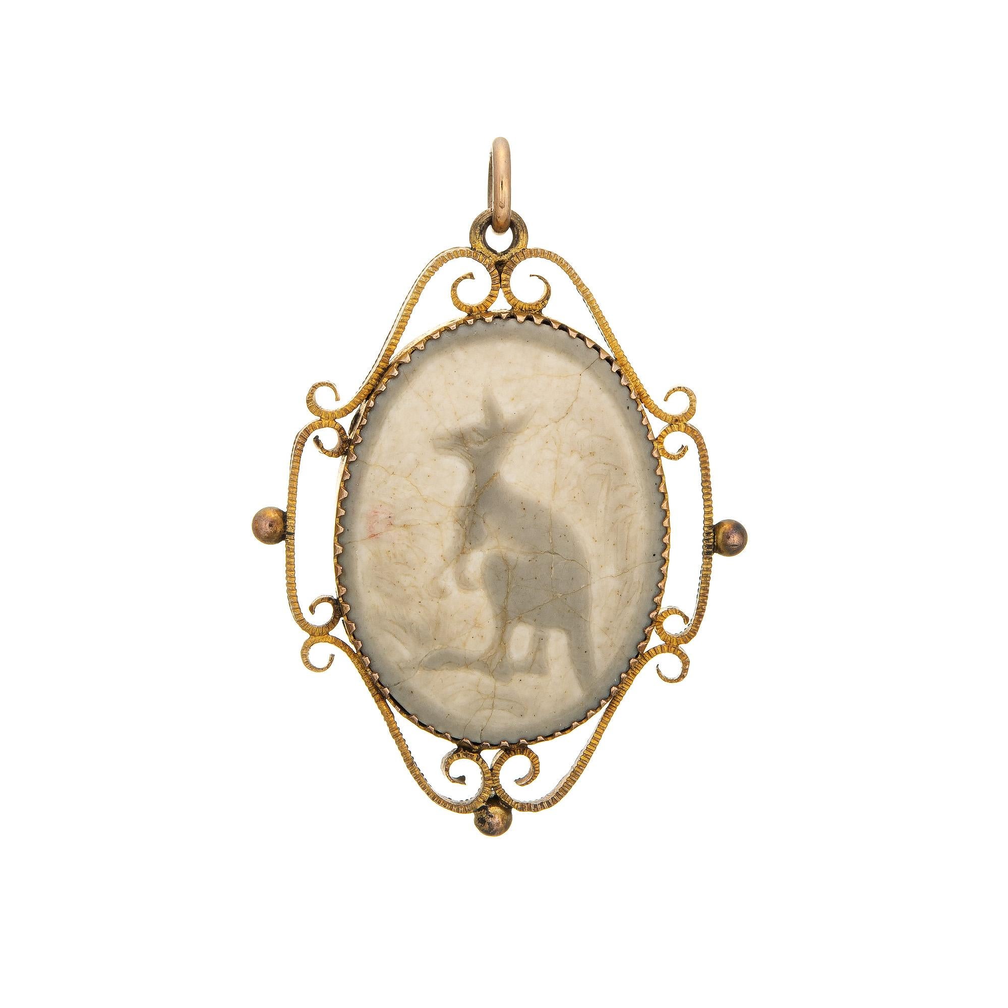 Women's Vintage Art Deco Pendant Kangaroo Cameo 9ct Rose Gold Fine Animal Jewelry