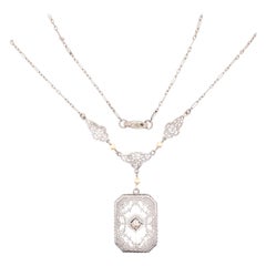 Vintage Art Deco Pendant Necklace Crystal, Diamond 
10k White Gold