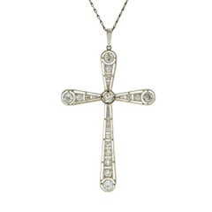 Vintage Art Deco Period 18KT Yellow Gold & Platinum Diamond Cross Pendant Neckla
