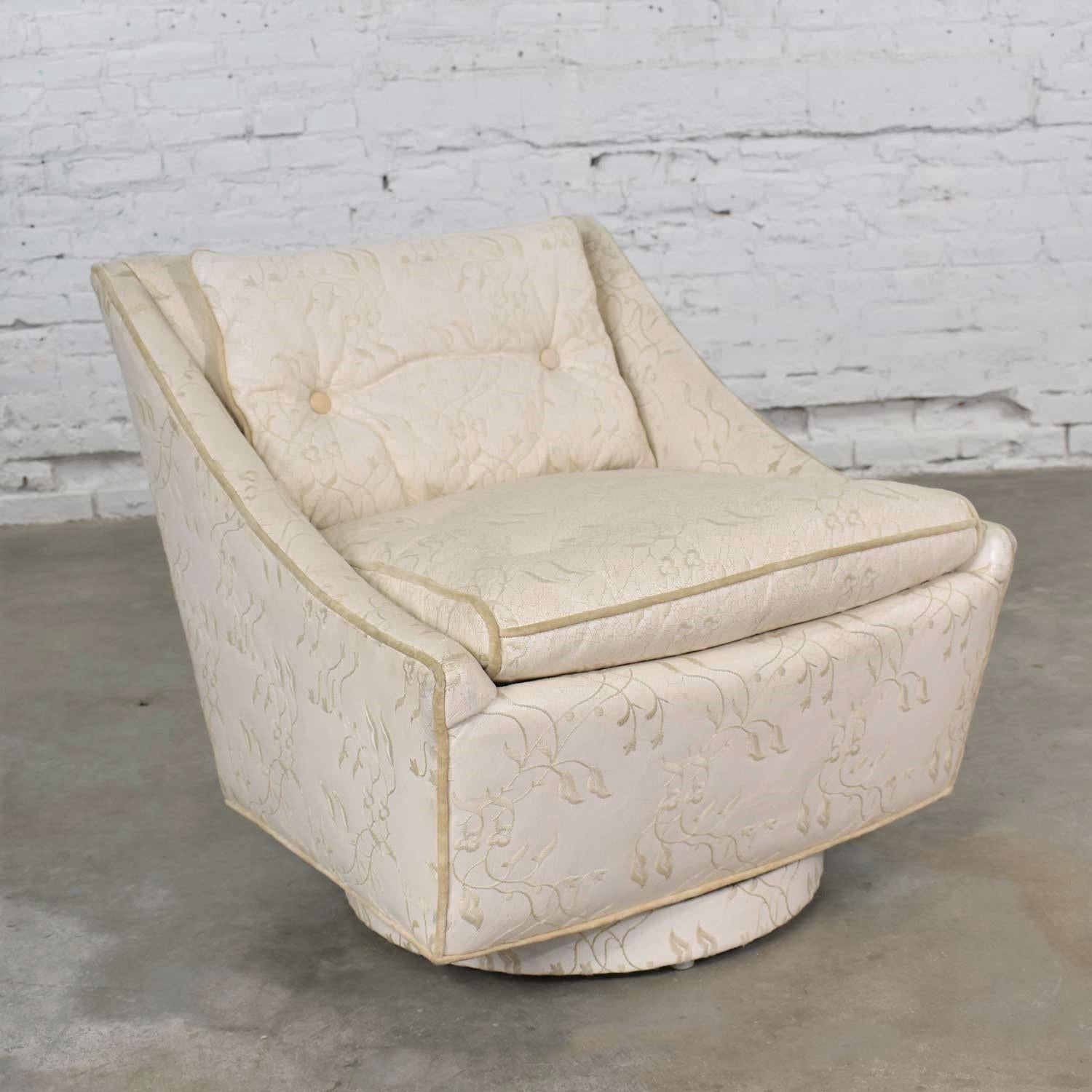 Vintage Art Deco Petite White Swivel Chair Embroidered Leather by Oxford Ltd. For Sale 1