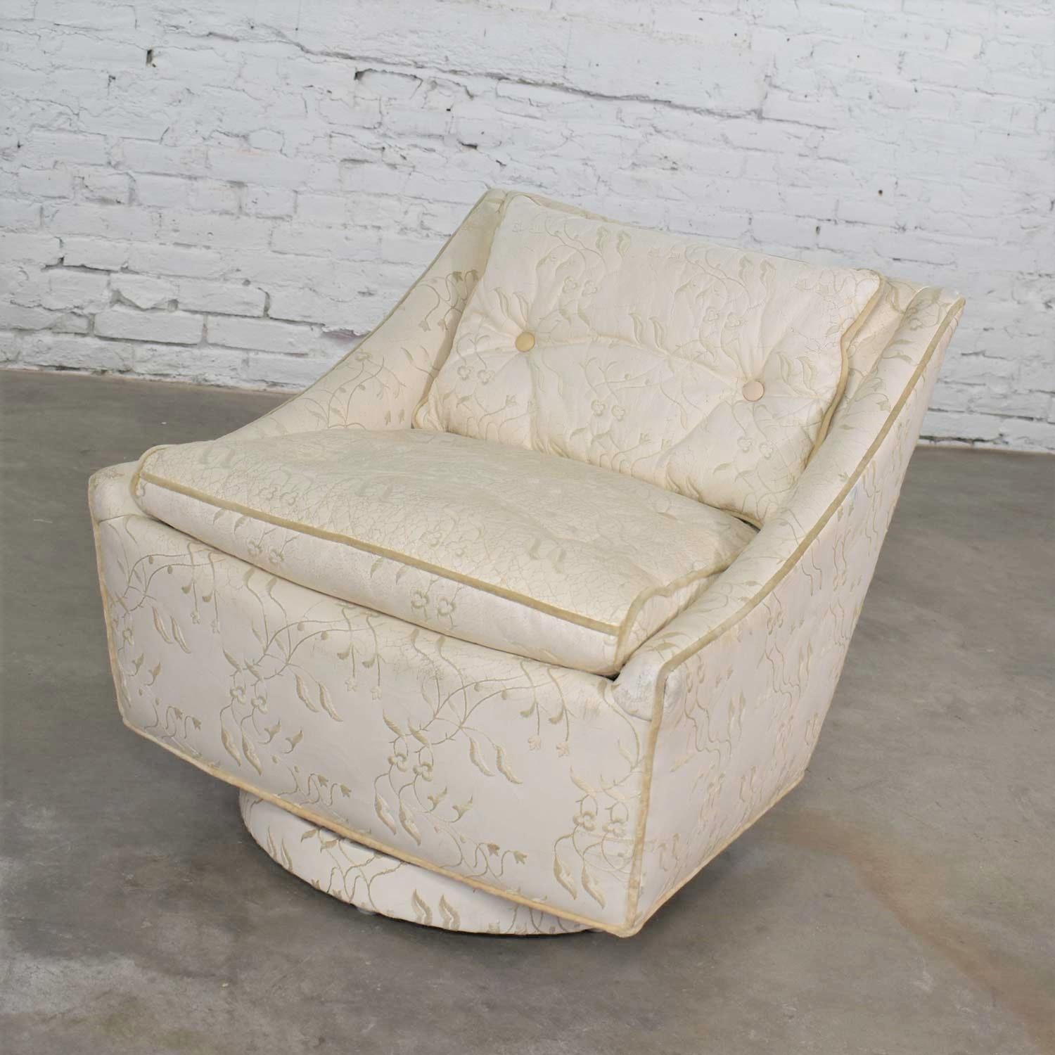 American Vintage Art Deco Petite White Swivel Chair Embroidered Leather by Oxford Ltd. For Sale
