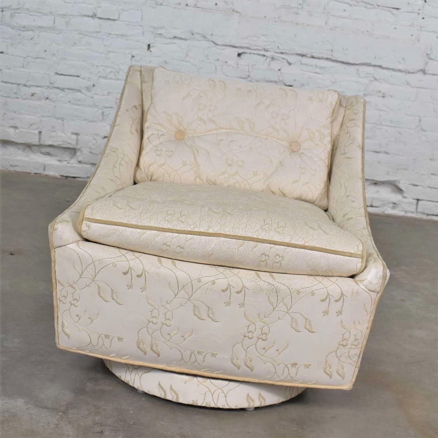 Vintage Art Deco Petite White Swivel Chair Embroidered Leather by Oxford Ltd. In Good Condition For Sale In Topeka, KS
