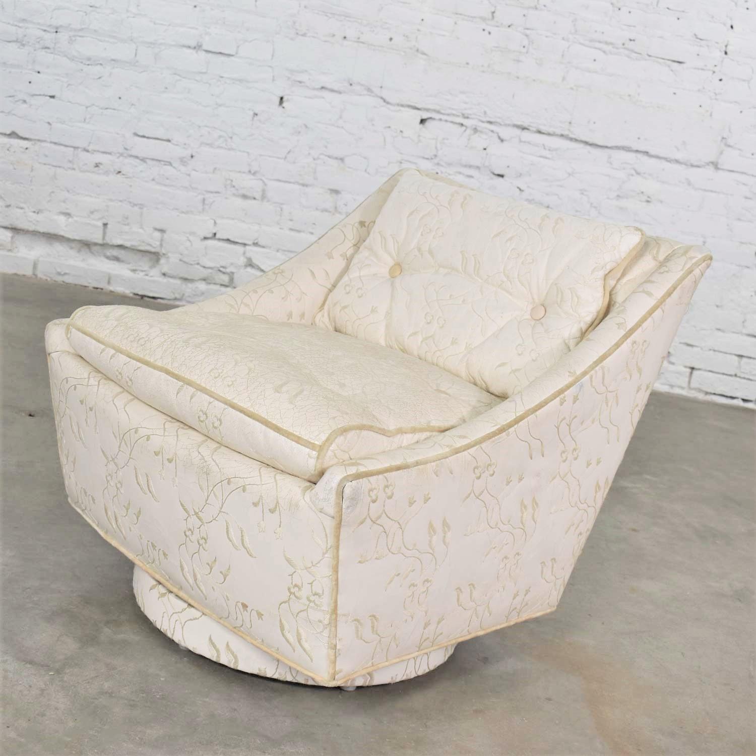 20th Century Vintage Art Deco Petite White Swivel Chair Embroidered Leather by Oxford Ltd. For Sale