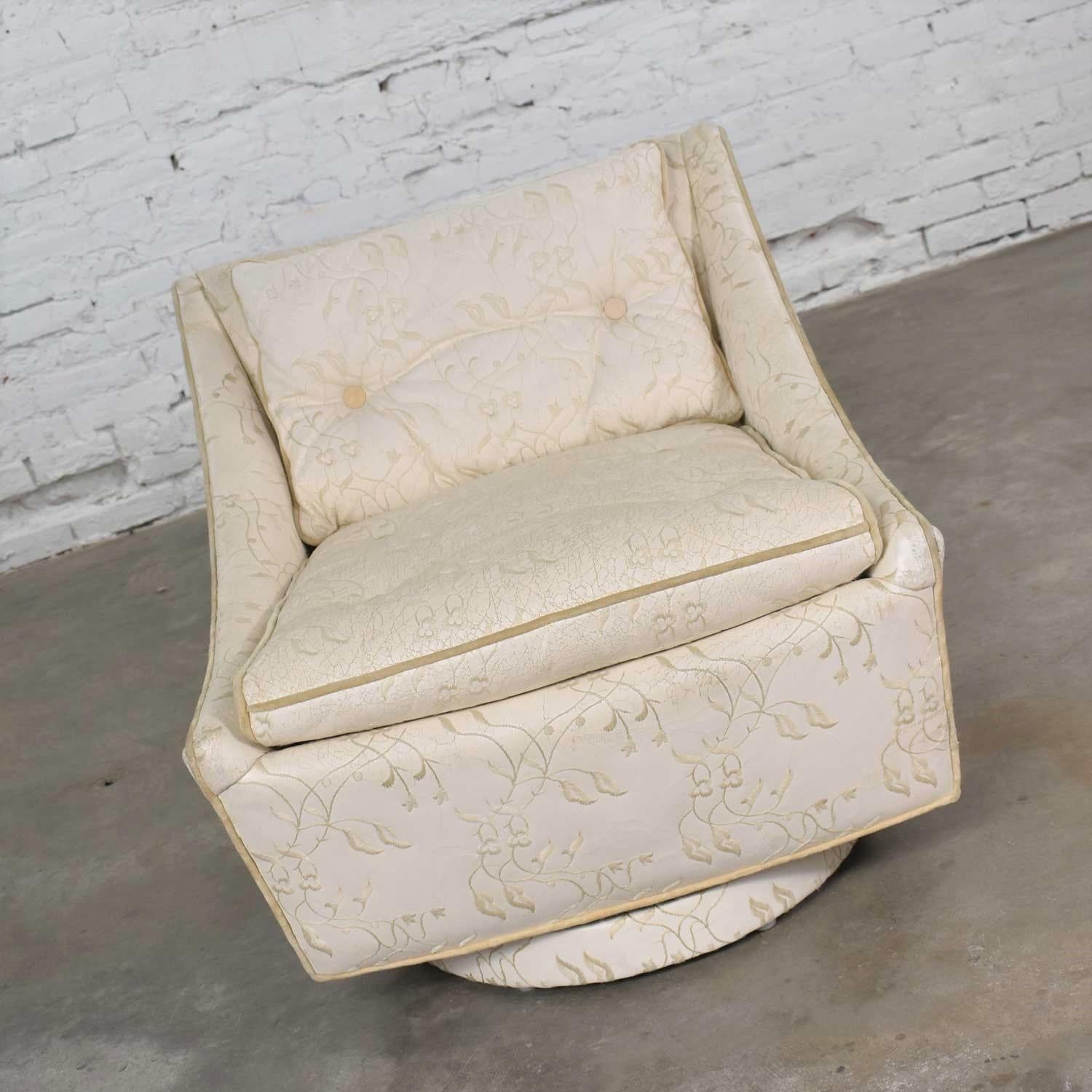 Canvas Vintage Art Deco Petite White Swivel Chair Embroidered Leather by Oxford Ltd. For Sale