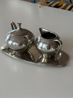 Vintage Art Deco Pewter Cream & Sugar Set on Tray — Netherlands (c. 1950s–1960s)