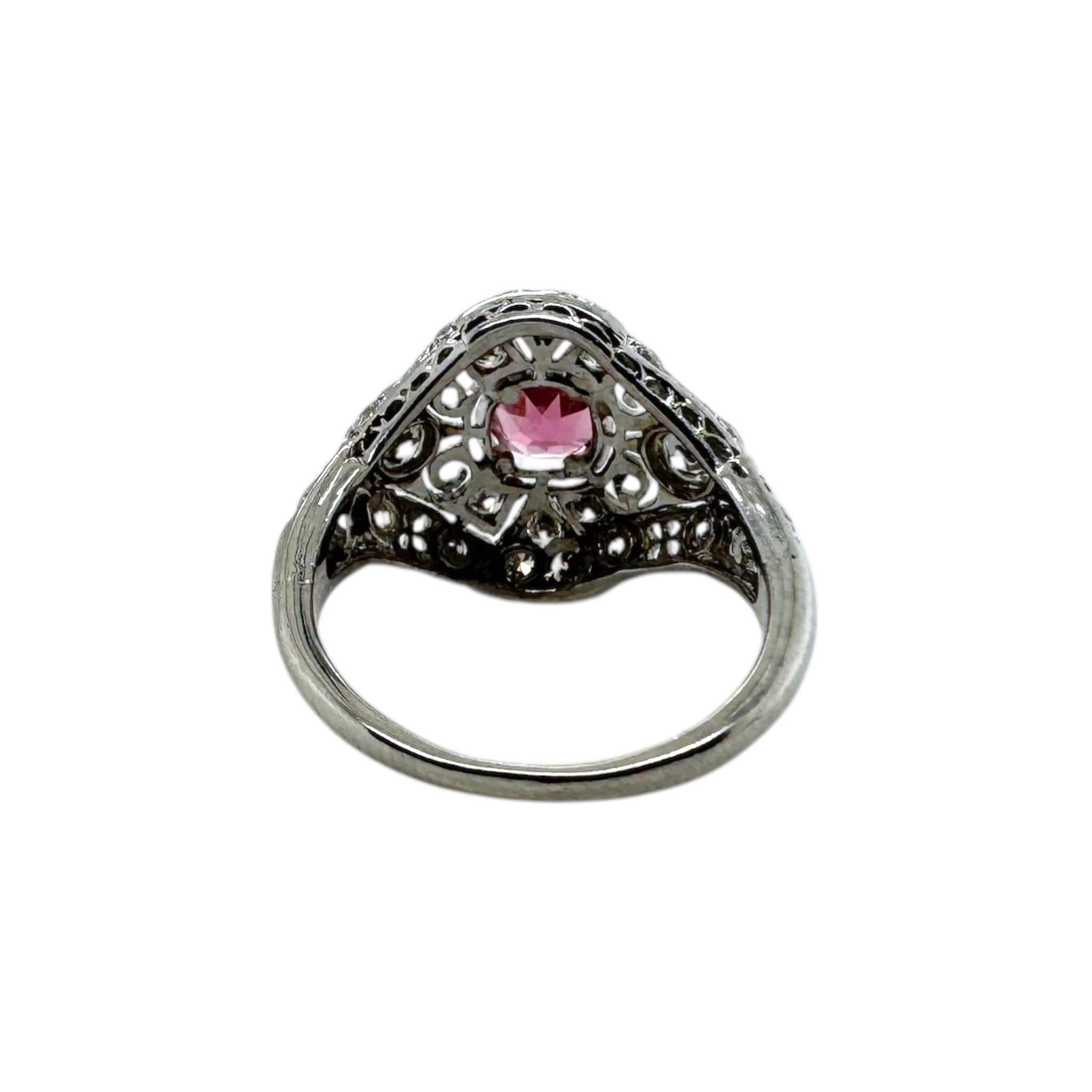 Vintage Art Deco Pink Sapphire Platinum Filigree Ring For Sale 5