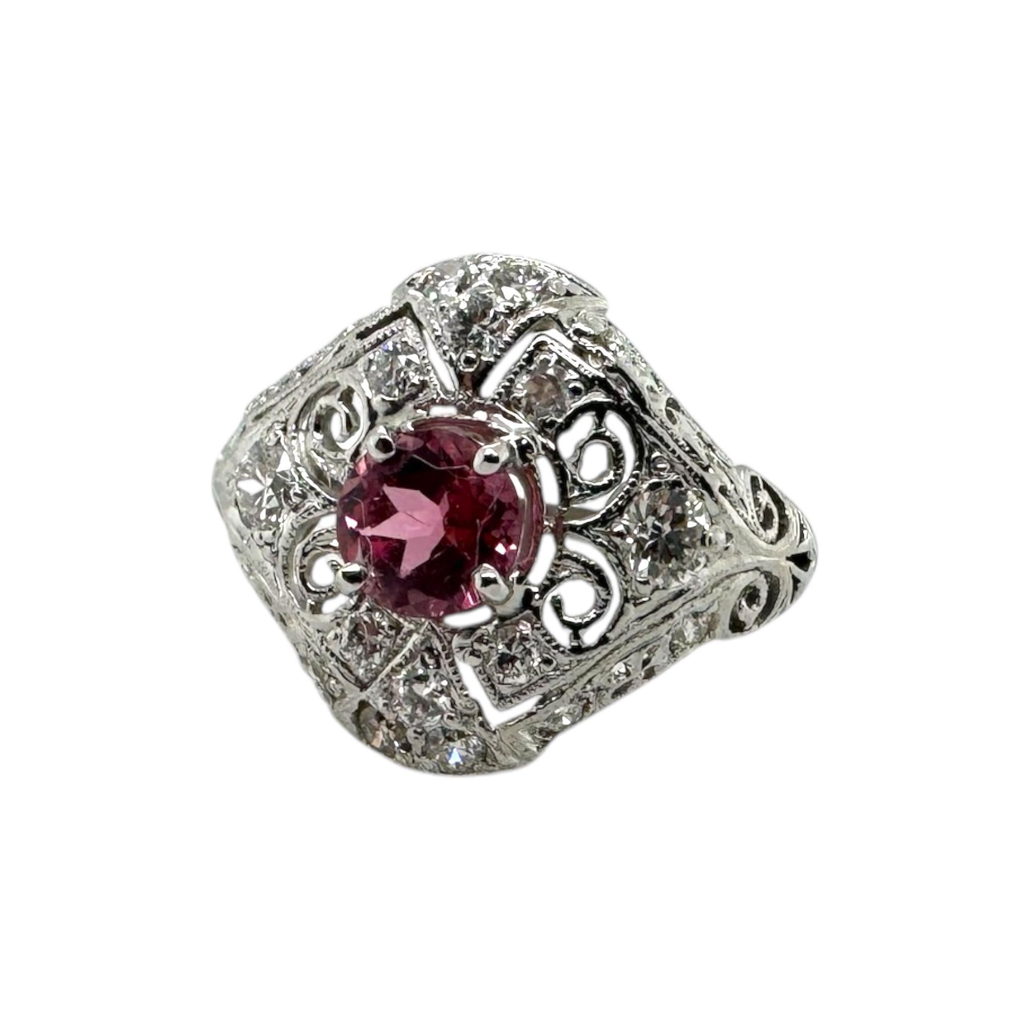 Women's Vintage Art Deco Pink Sapphire Platinum Filigree Ring For Sale