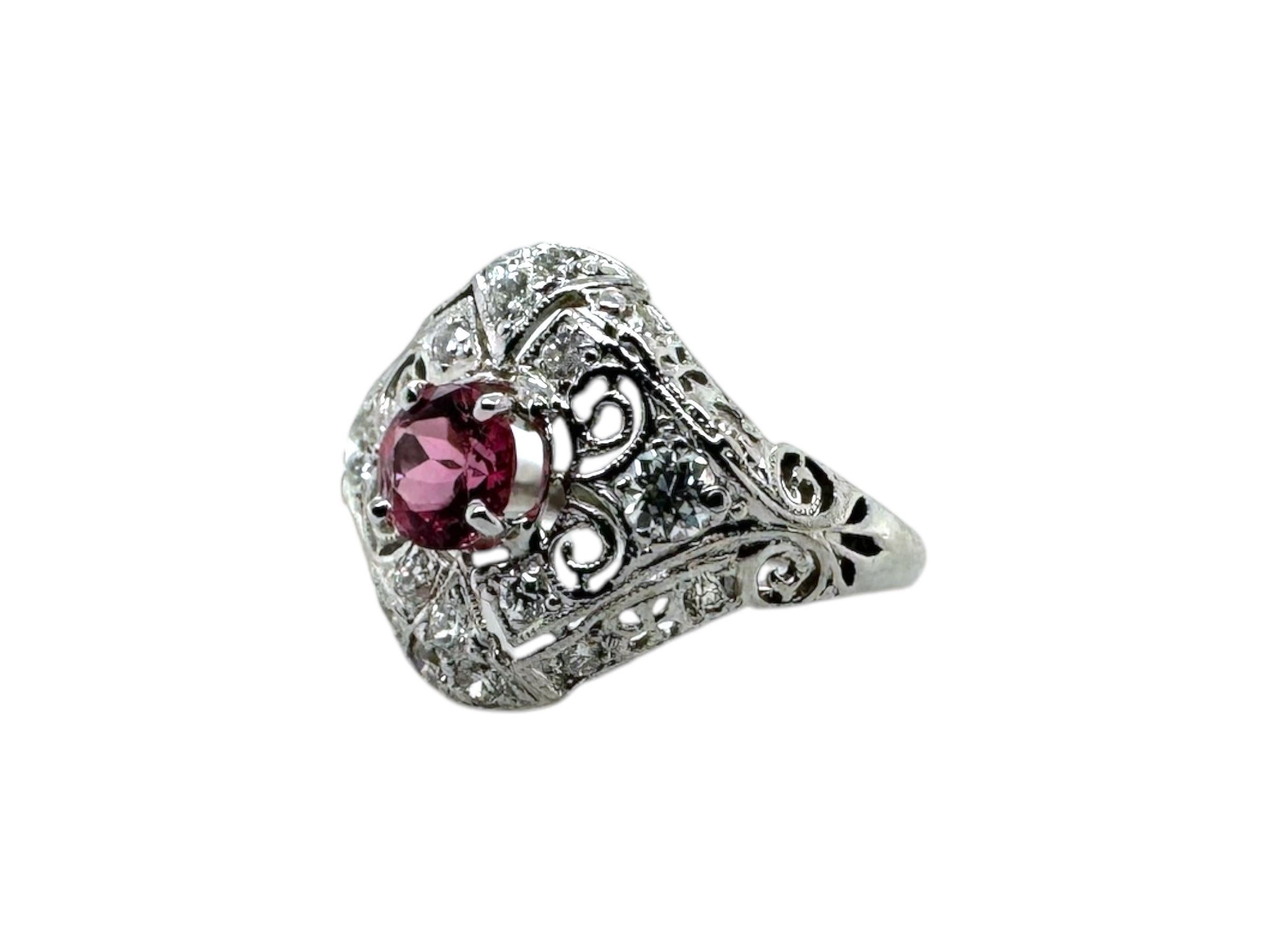 Vintage Art Deco Pink Sapphire Platinum Filigree Ring For Sale 2