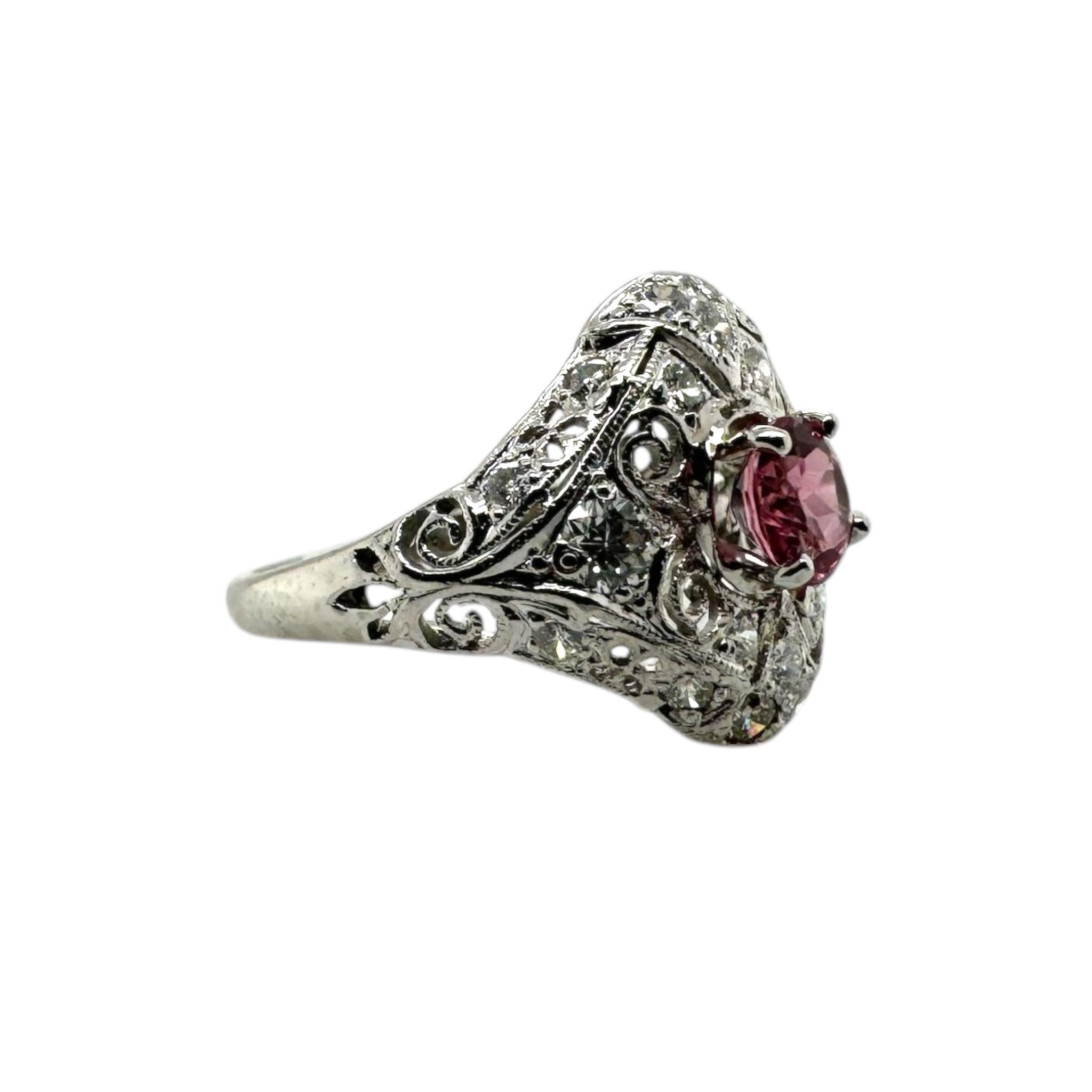 Vintage Art Deco Pink Sapphire Platinum Filigree Ring For Sale 3