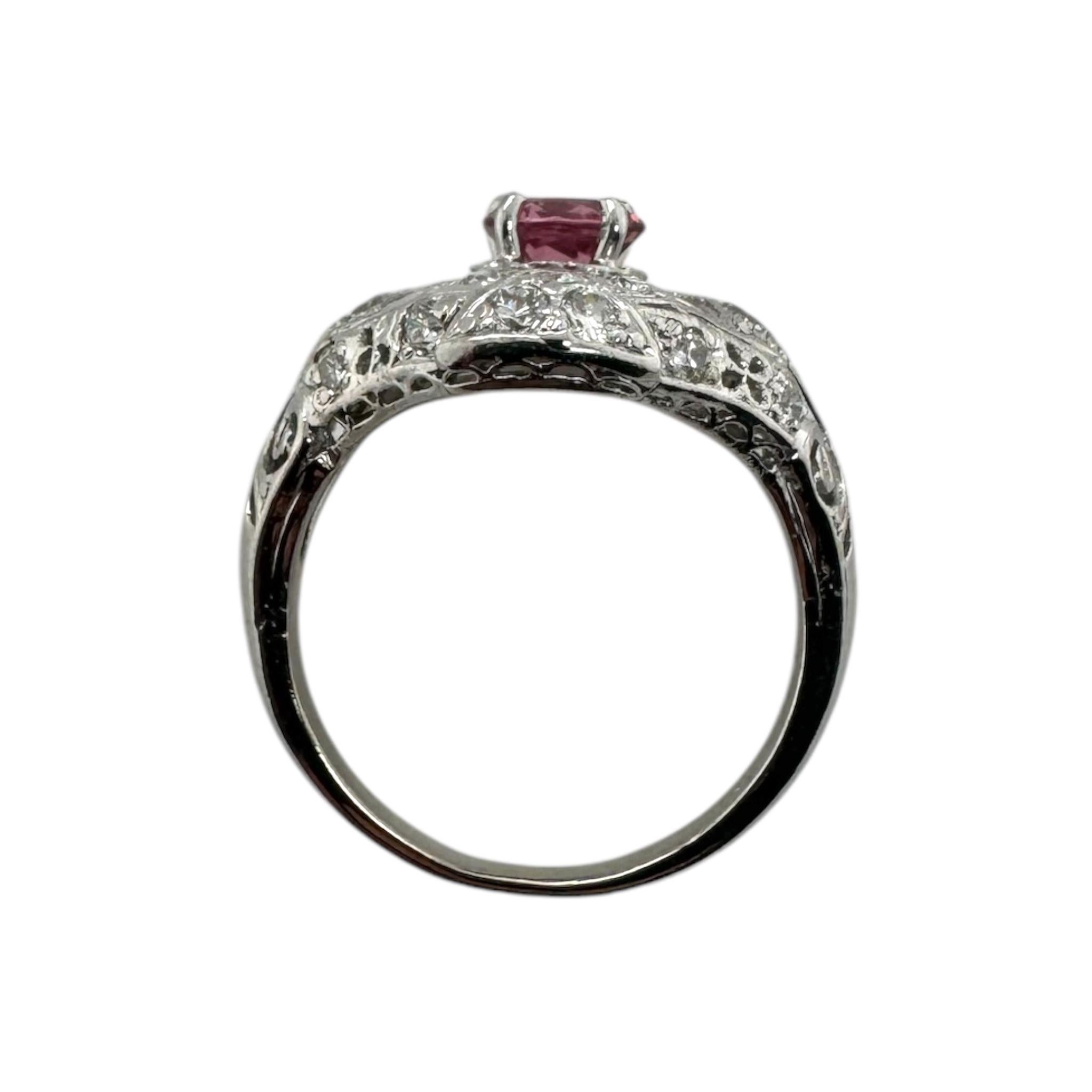 Vintage Art Deco Pink Sapphire Platinum Filigree Ring For Sale 4