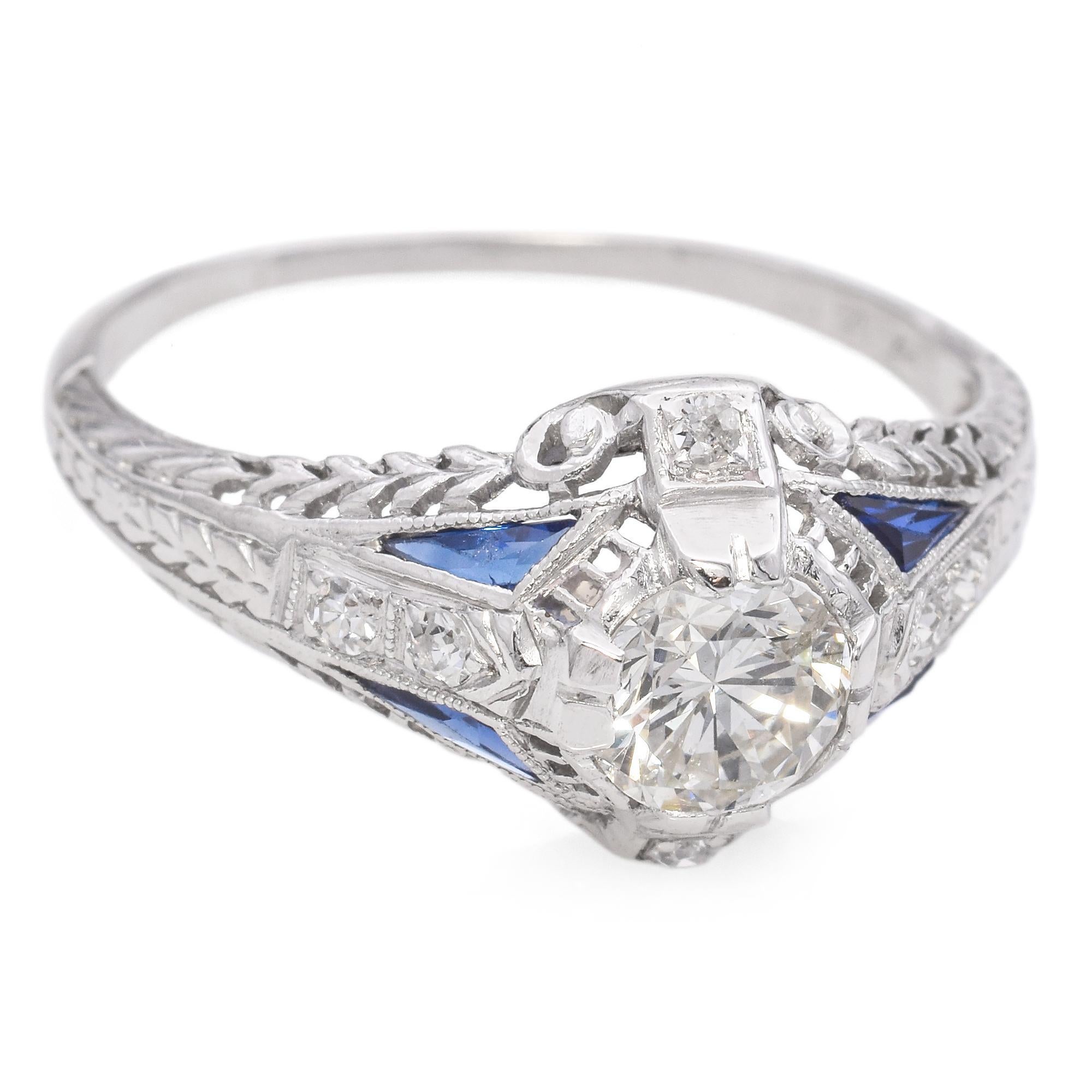 Round Cut Vintage Art Deco Platinum 0.74 TCW Diamond and Sapphire Filigree Engagement Ring For Sale