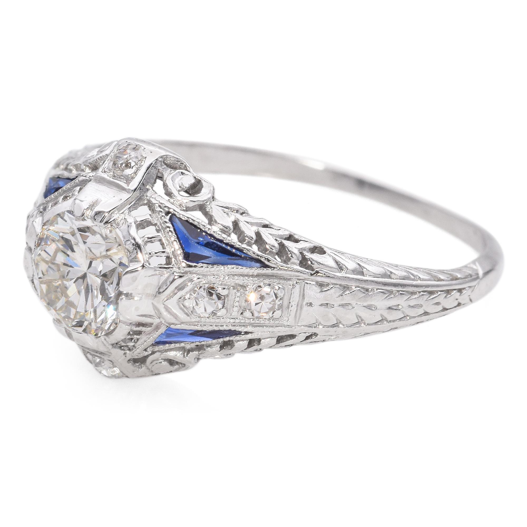 Vintage Art Deco Platinum 0.74 TCW Diamond and Sapphire Filigree Engagement Ring In Good Condition For Sale In New York, NY