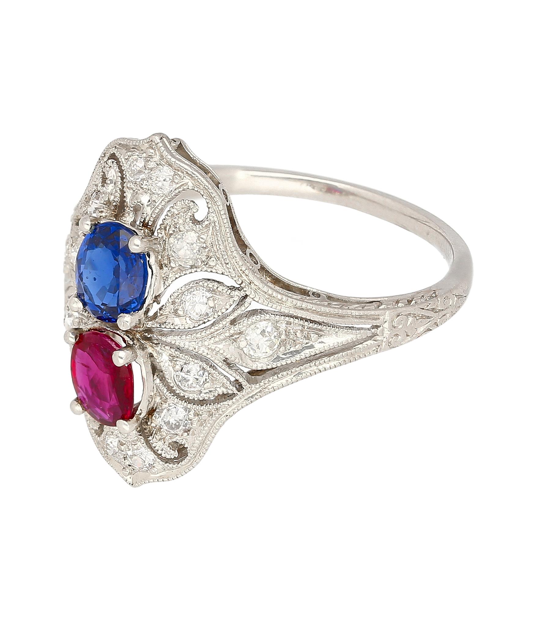 Women's or Men's Vintage Art Deco Platinum 1.21 Carat Pink Ruby and Blue Sapphire Ring For Sale