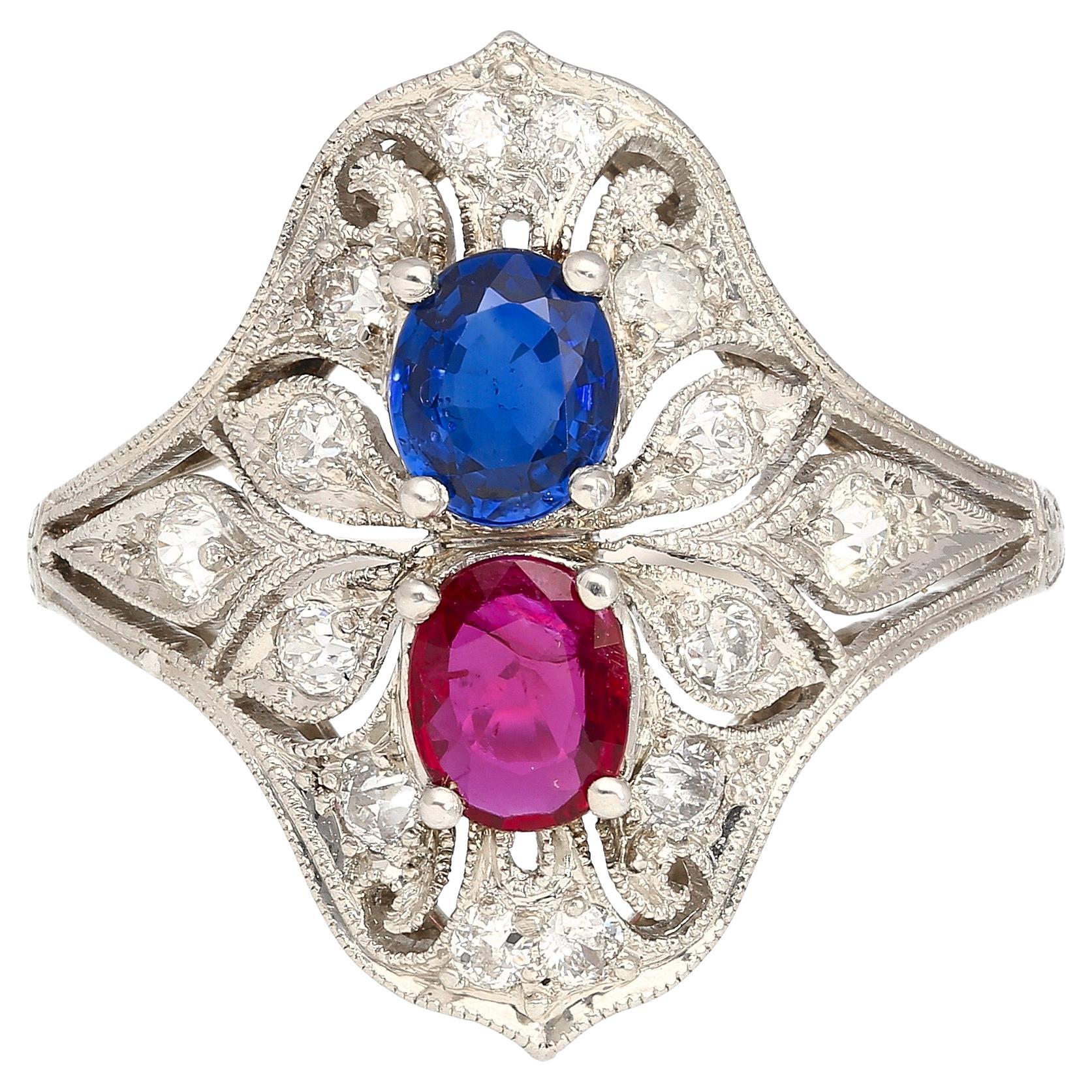Vintage Art Deco Platinum 1.21 Carat Pink Ruby and Blue Sapphire Ring For Sale