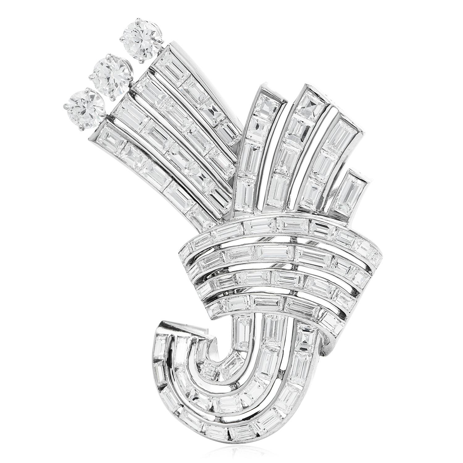 Retro Vintage Art Deco Platinum 13.85cts Diamond Crossover Bouquet Elegant Brooch Pin For Sale