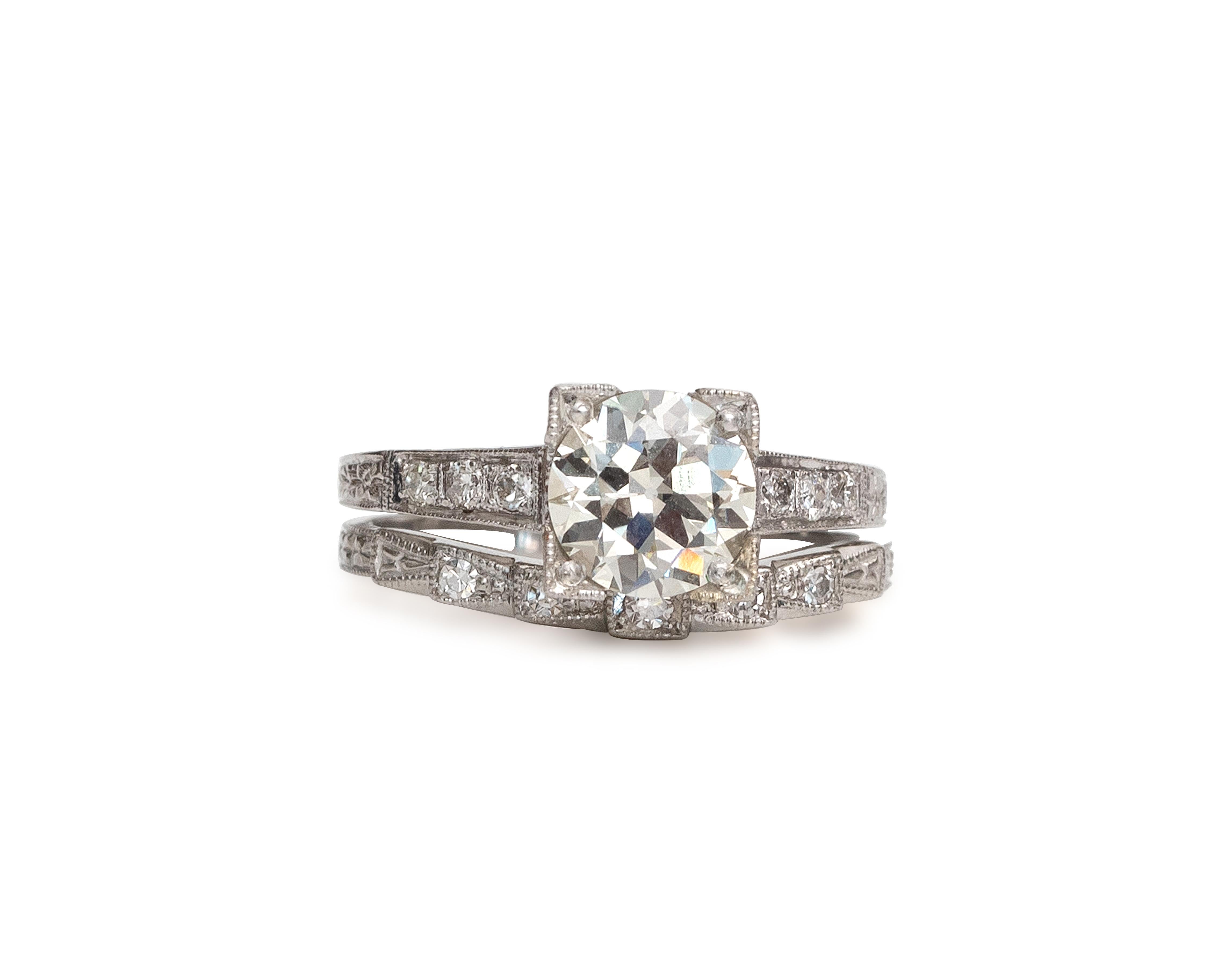 It is impossible not to catch eyes with this dazzling wedding set! The duo looks like a ring Jay Gatsby would give to Daisy! The platinum crafted wedding band displays .25 carats of accent diamonds, and the engagement ring is 1.42 carats of