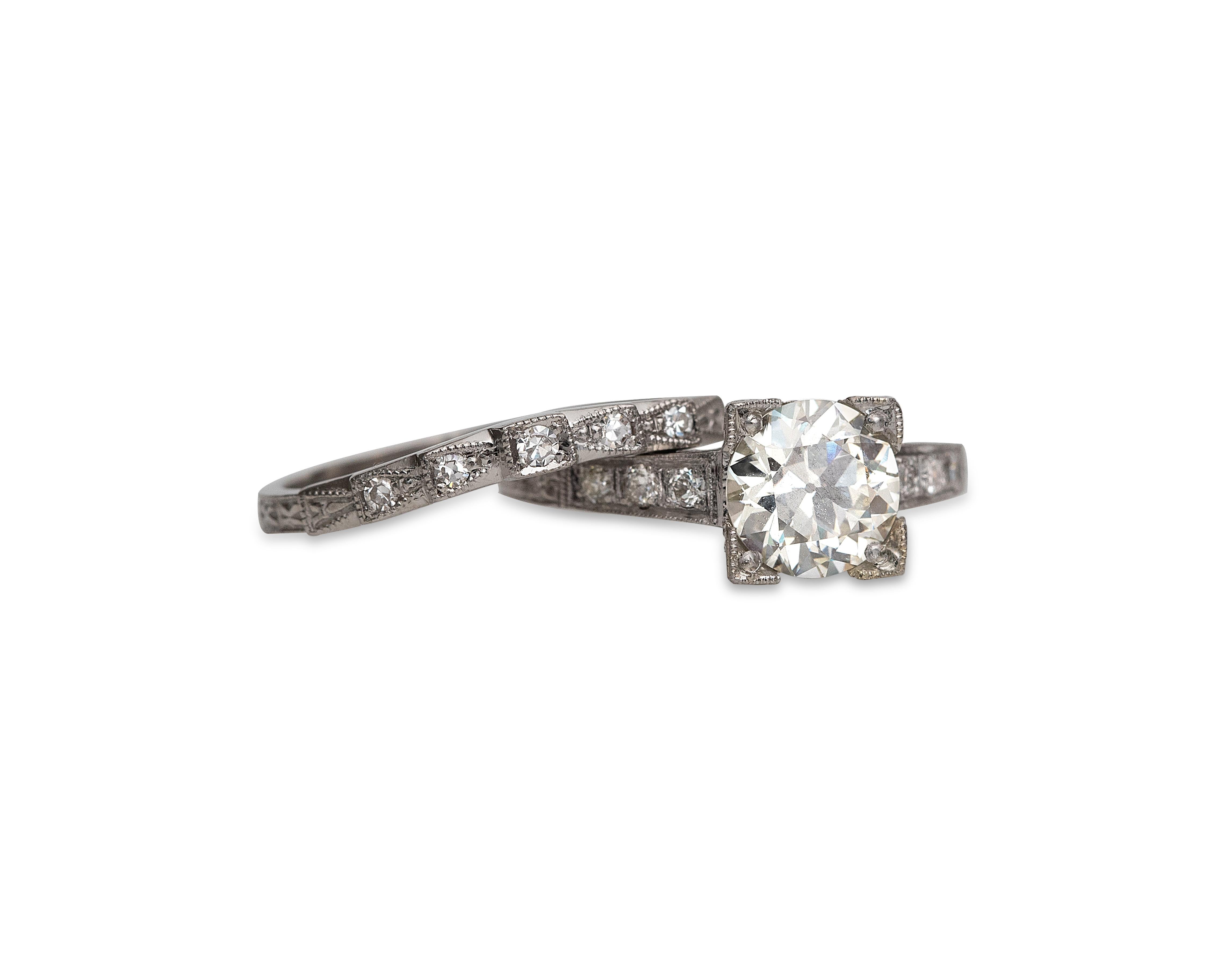 Vintage Art Deco Platinum 1.42 Carat Old European Cut Diamond Wedding Set In Good Condition In Addison, TX
