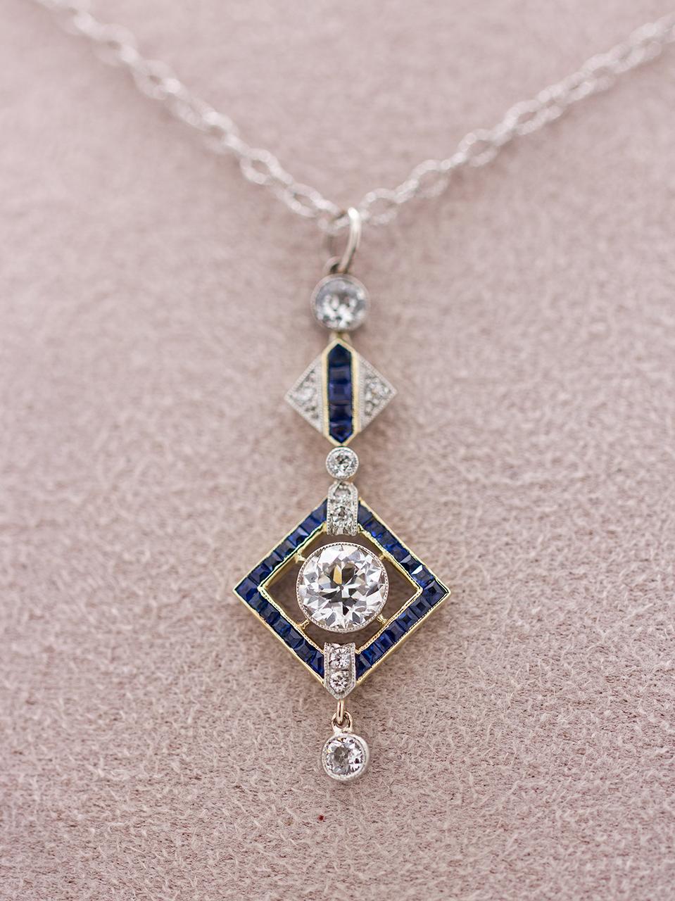 Old European Cut Vintage Art Deco Platinum & 18K WG OEC Diamond Sapphire Necklace 1.20ct circa 19 For Sale